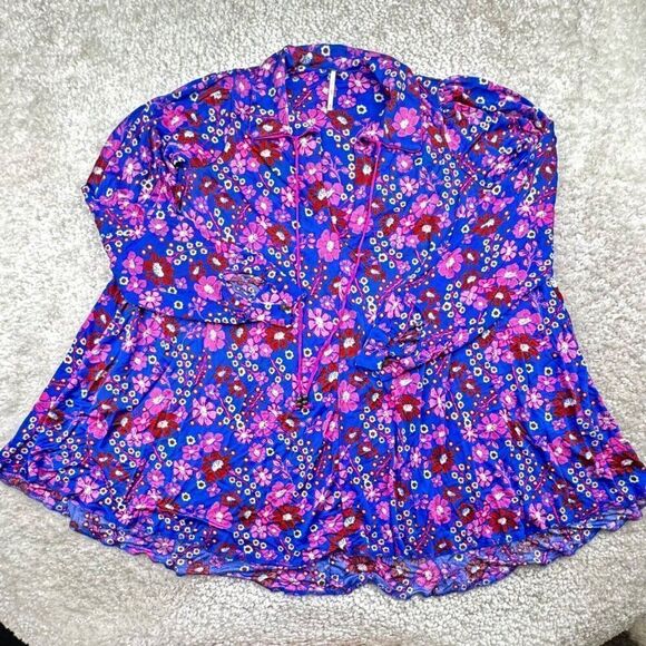 Free People Daisy Jane Botanical Floral Mini Dress Blue Pink XS FLAW - Picture 2 of 11